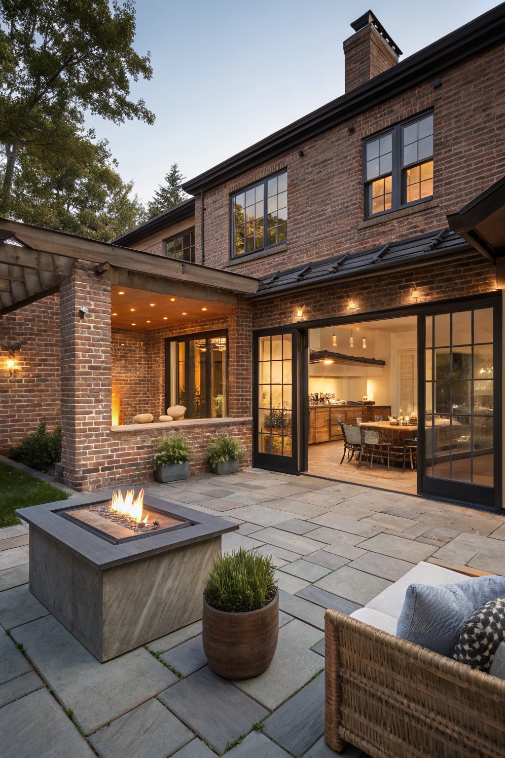 Backyard patio of brick house with covered pergola porch, open sliding glass doors revealing kitchen and dining area inside, central linear gas fire pit on bluestone pavers, potted plants, and wicker outdoor seating.