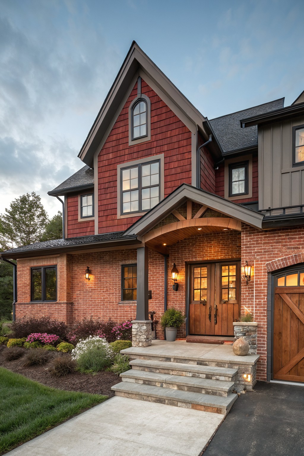 Front view of a two-story house featuring red brick on the lower level and garage, red shake siding on upper walls, a covered wood porch with double doors, stone steps, and landscaped yard with plants and grass at dusk.