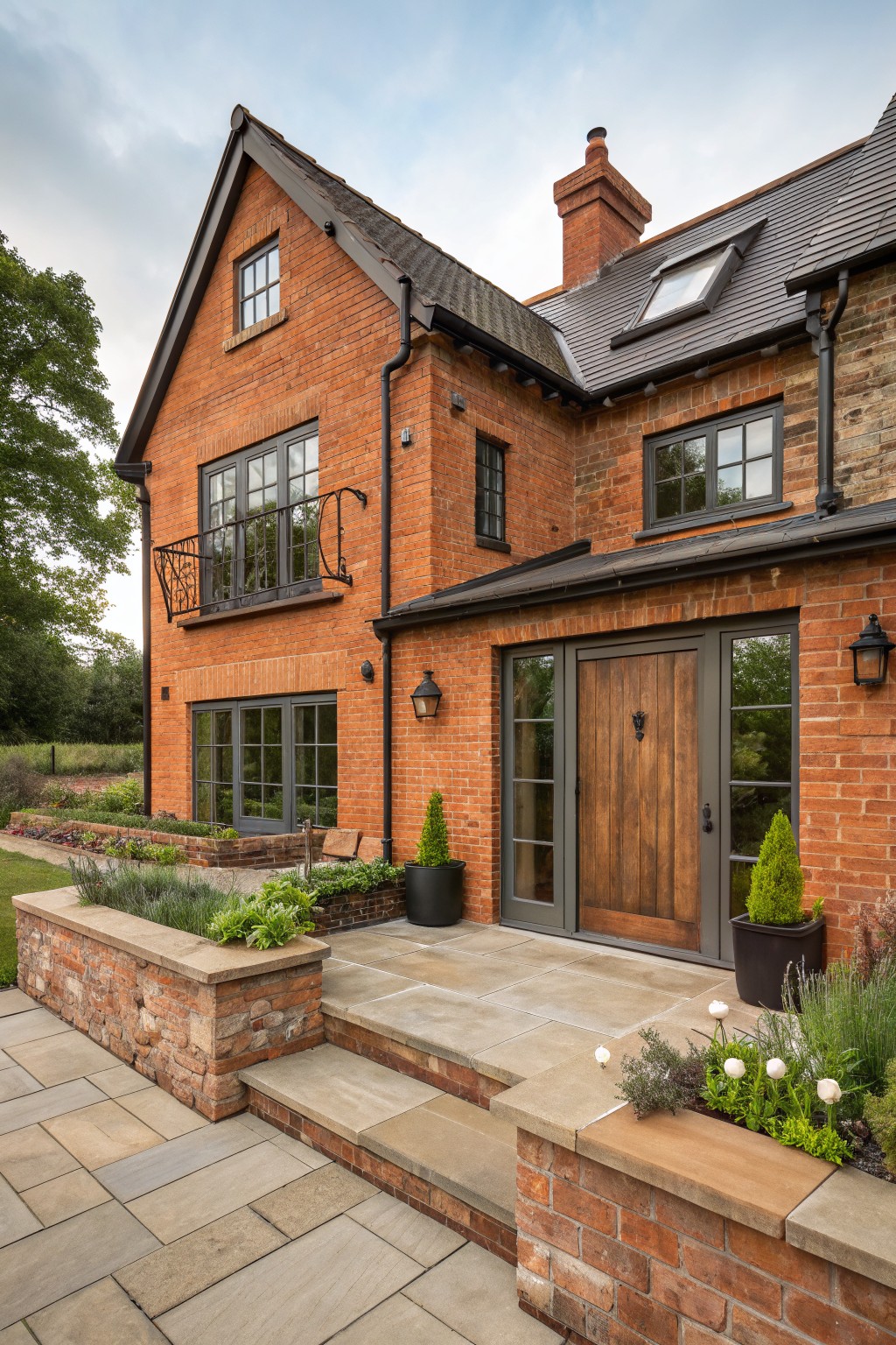 Two-story red brick house exterior with gabled dark metal roof, balcony, multiple windows, wooden double front doors with gray sidelights and handle, brick steps, stone pavers, and low planting beds with shrubs.