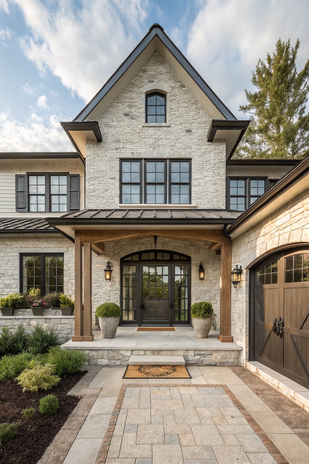 Two-story house exterior with light brick walls, black metal roof sections, black-framed windows, covered entry porch with wood posts and arched dark door, potted plants, stone pathway, and attached wood garage door.