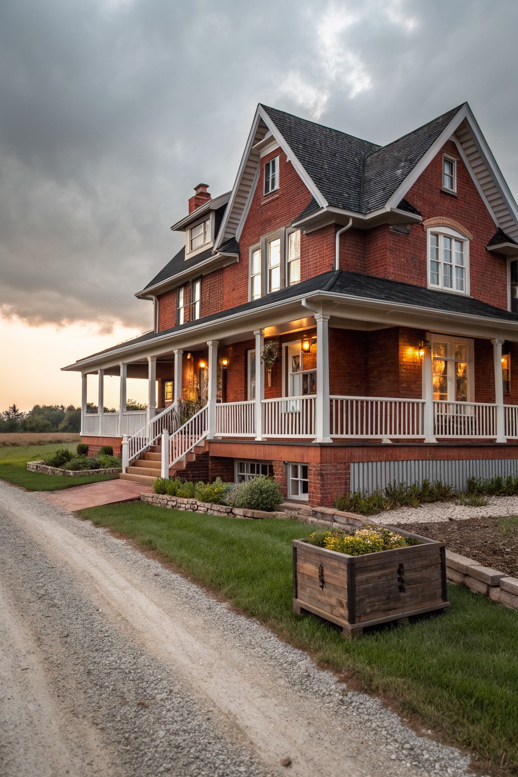 Two-story red brick farmhouse exterior with black roof, extensive white wraparound porch supported by columns, lit wall lanterns, steps leading to porch, landscaping beds, wooden planter box, and gravel driveway under cloudy sky.