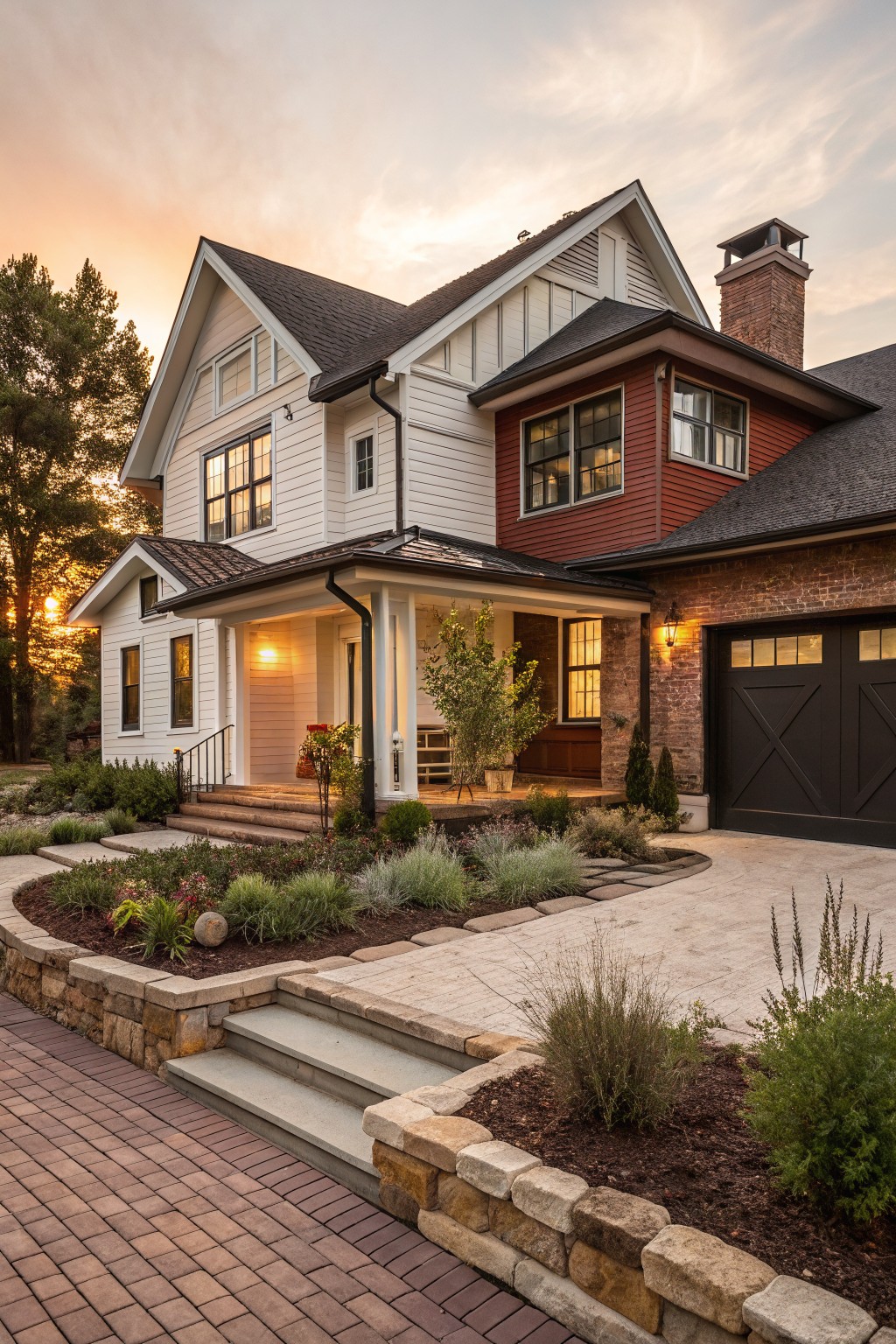 Two-story rustic modern farmhouse exterior with white siding, red brick garage and chimney, covered front porch, black garage doors, stone walls, plantings, and brick paver path at sunset.