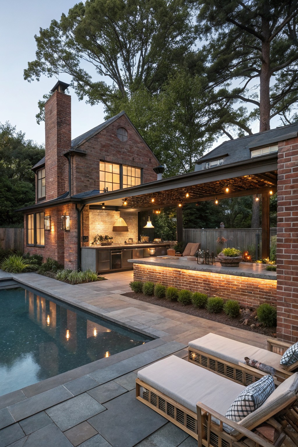 Brick house exterior with outdoor kitchen under wooden pergola strung with lights, featuring bar counter with underlighting, adjacent to rectangular pool and lounge chairs on stone pavers amid low plantings and trees.