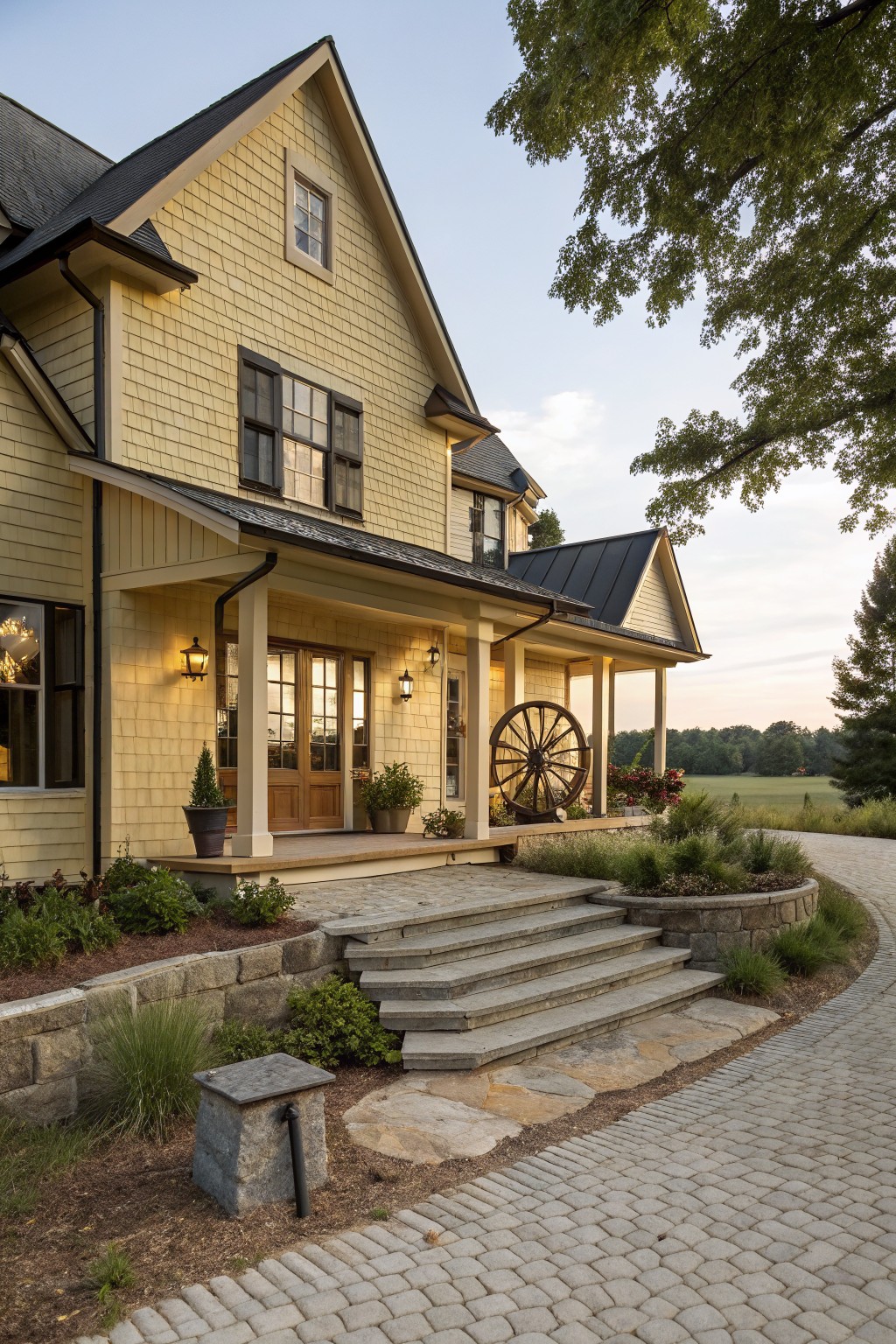 Yellow farmhouse with stone steps, large wagon wheel, and cobblestone driveway.