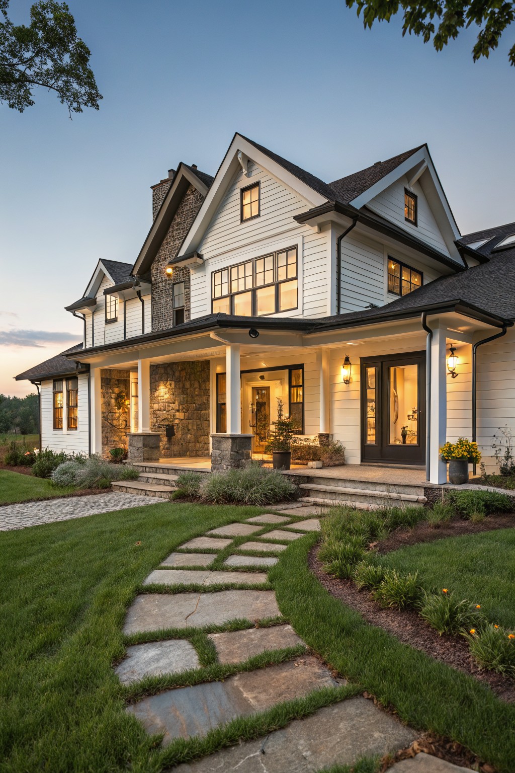 Two-story white board-and-batten farmhouse exterior with gabled roofs, stone chimney and porch pillars, wraparound front porch, black-framed windows, and stone paver pathway in the lawn at dusk.