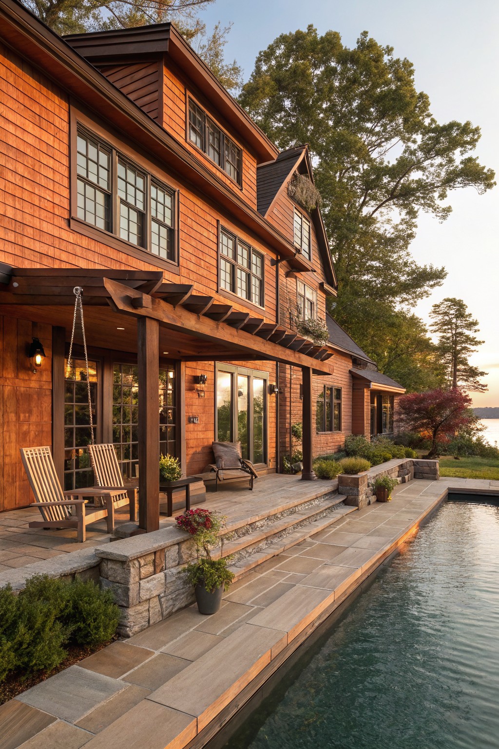 Side view of a two-story house with reddish shingle siding, featuring a wood pergola-covered deck with Adirondack chairs, potted plants, and stone steps leading to an in-ground pool next to trees and a lake at dusk.