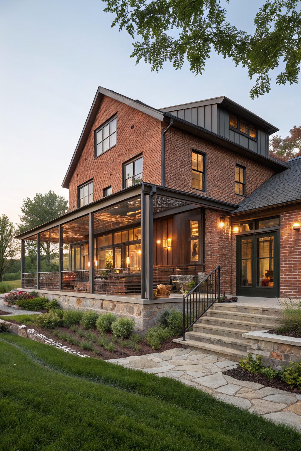 Brick house exterior with gabled roof, black metal accents, large screened porch with metal lattice screens, glass doors, stone foundation, stairs, and surrounding landscaping on a lawn at dusk.