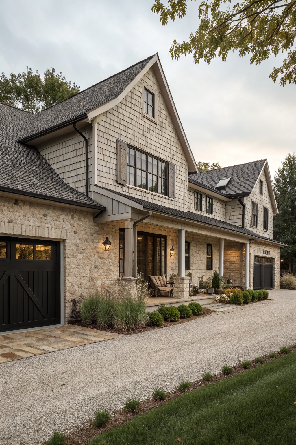 Beige shingle-sided rustic modern farmhouse with light stone base, black garage doors, covered porch with columns, gravel driveway, and ornamental grasses.