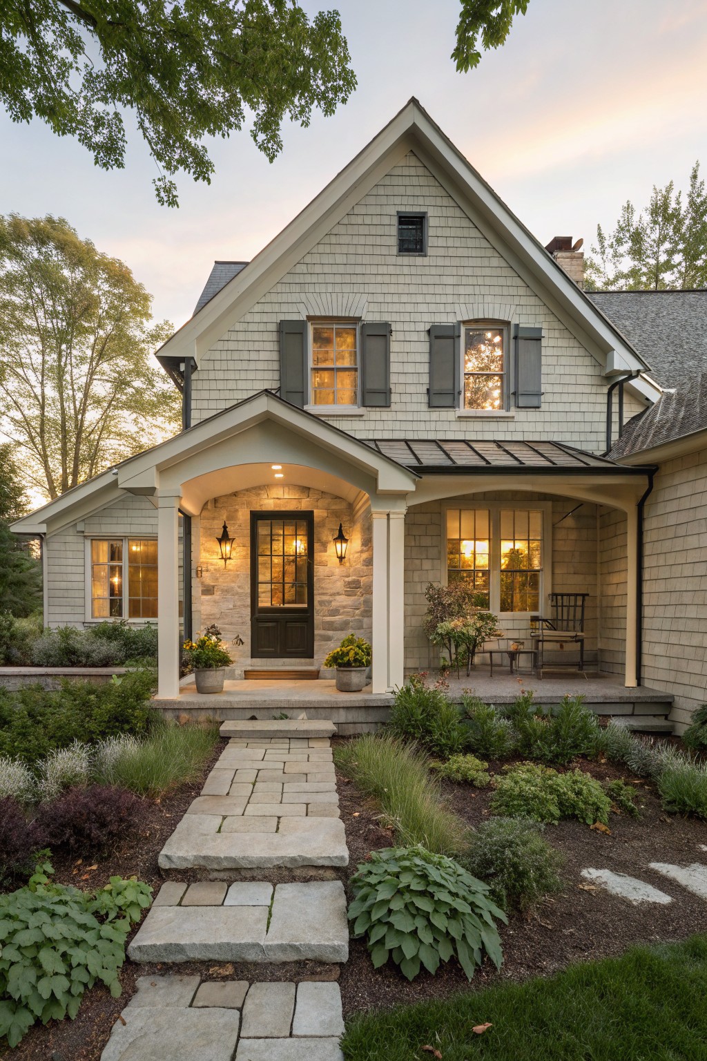 Two-story shingle-clad house with gabled roof and covered front porch featuring stone entry door flanked by lanterns, stone pathway through gardens leading to the porch at twilight.
