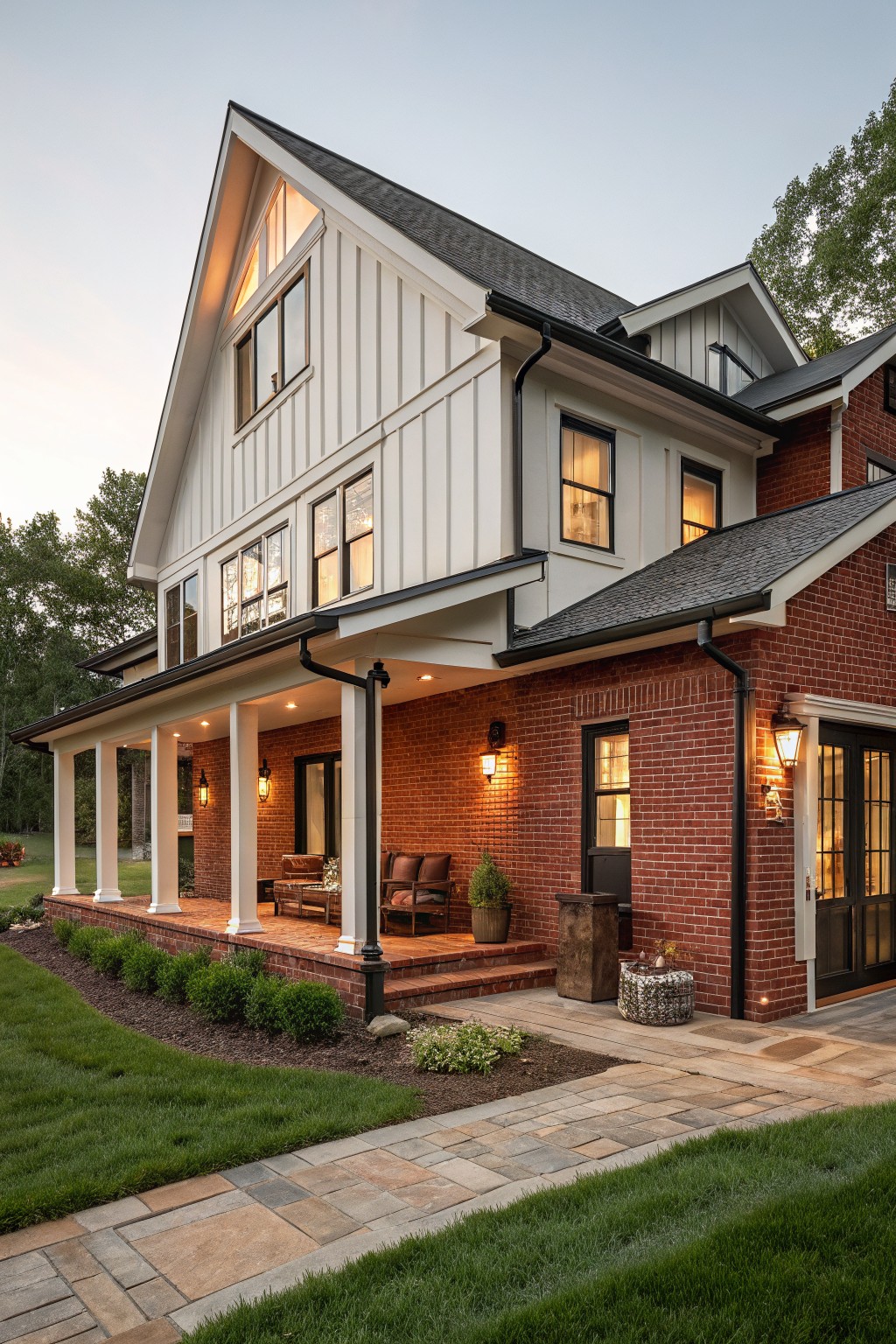 Two-story modern farmhouse exterior featuring white board-and-batten siding over a red brick base and porch foundation, wraparound porch with columns and seating, lantern lights, stone walkway, boxwoods, and lawn at dusk.