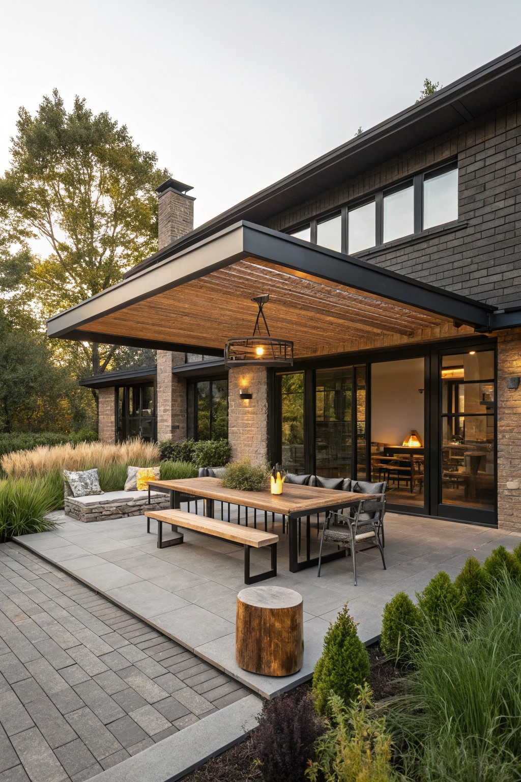 Back exterior of a brick house with a cantilevered wood slat pergola over a concrete patio, wooden dining table with benches and chairs, potted plants, and surrounding grasses and shrubs.