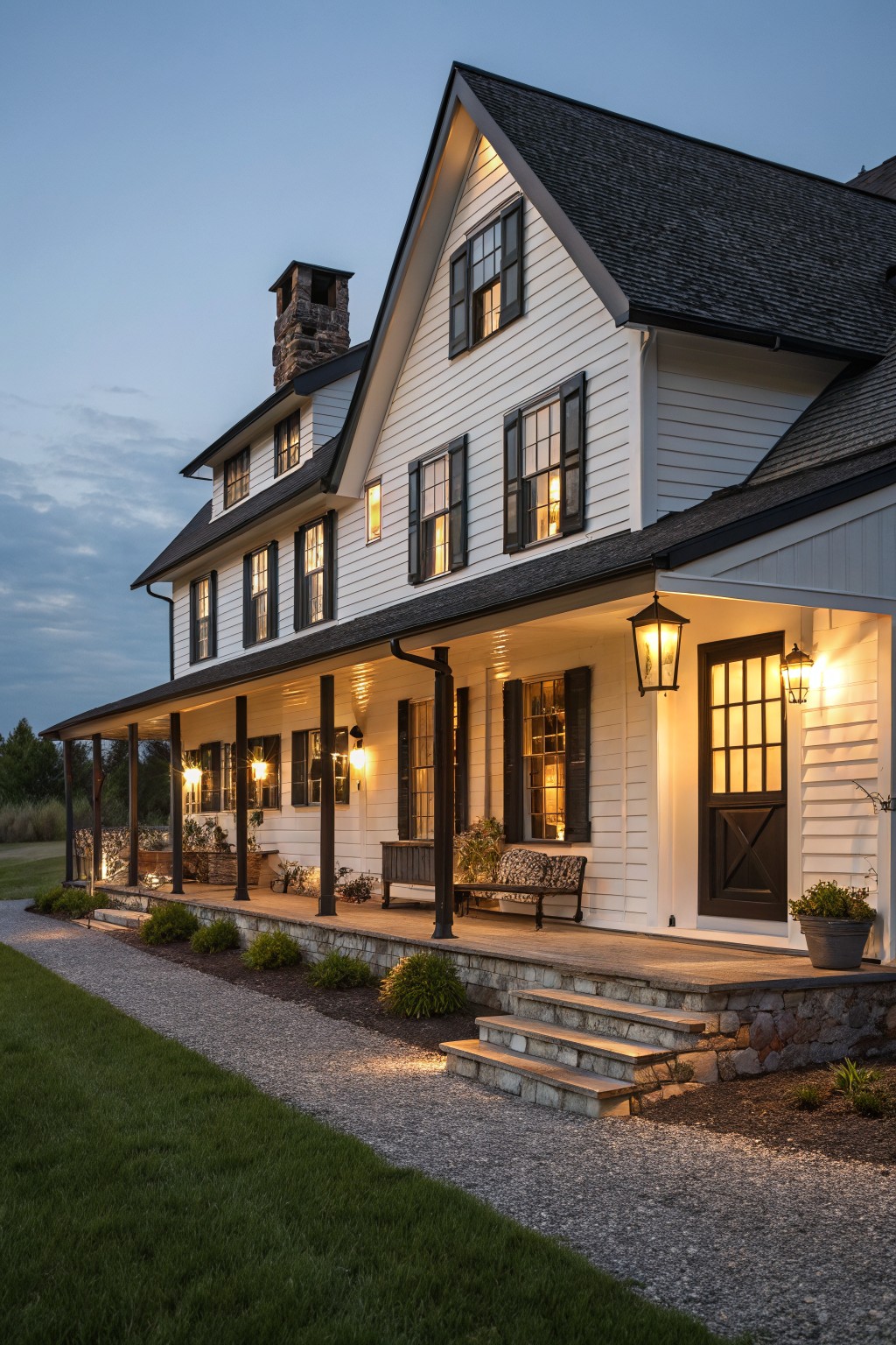 White clapboard farmhouse with wrap-around porch, black shutters and door, stone steps leading up, lanterns lit at dusk, gravel path and shrubs in front.
