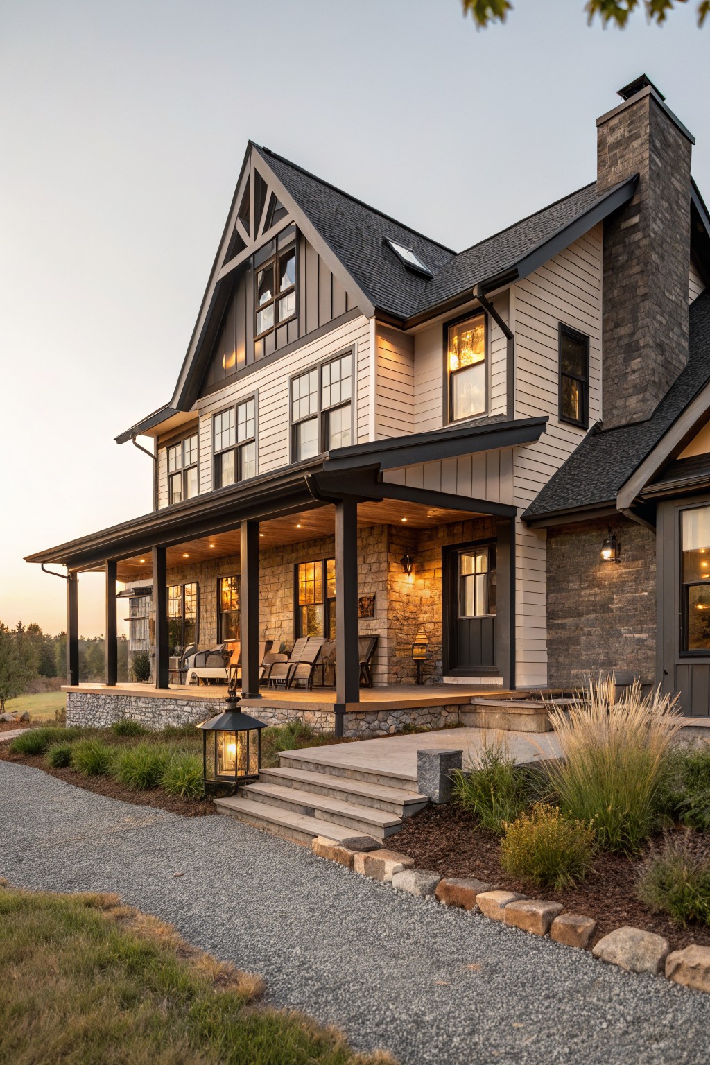 Side view of a two-story modern farmhouse exterior with light horizontal siding, dark gabled roof, wraparound porch on stone base with wood deck and posts, stone chimney, gravel path, and ornamental grasses at dusk.