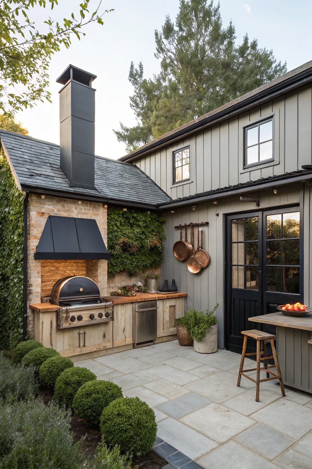 Gray board-and-batten house wall with brick outdoor kitchen featuring pizza oven, grill, wood cabinets, stainless fridge, black hood, hanging copper pots, paver patio, boxwood shrubs, and potted plants.