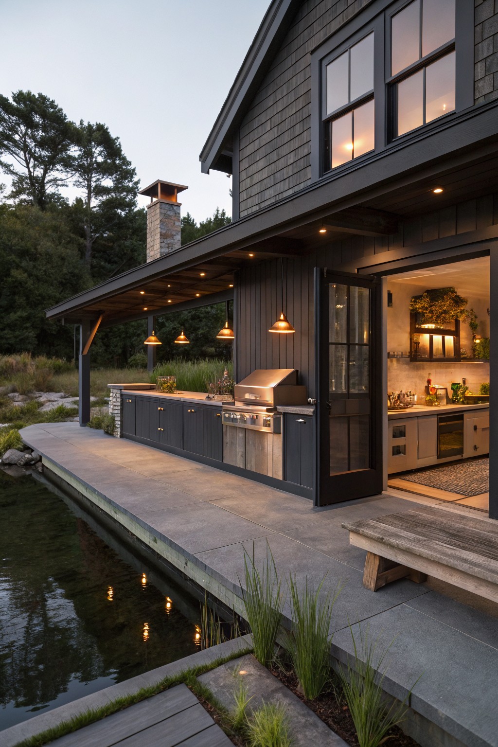 Dark-shingled house with covered porch featuring black cabinet outdoor kitchen, stainless steel grill, and open black bifold doors to indoor kitchen, on concrete deck by pond with grasses and woods at dusk.