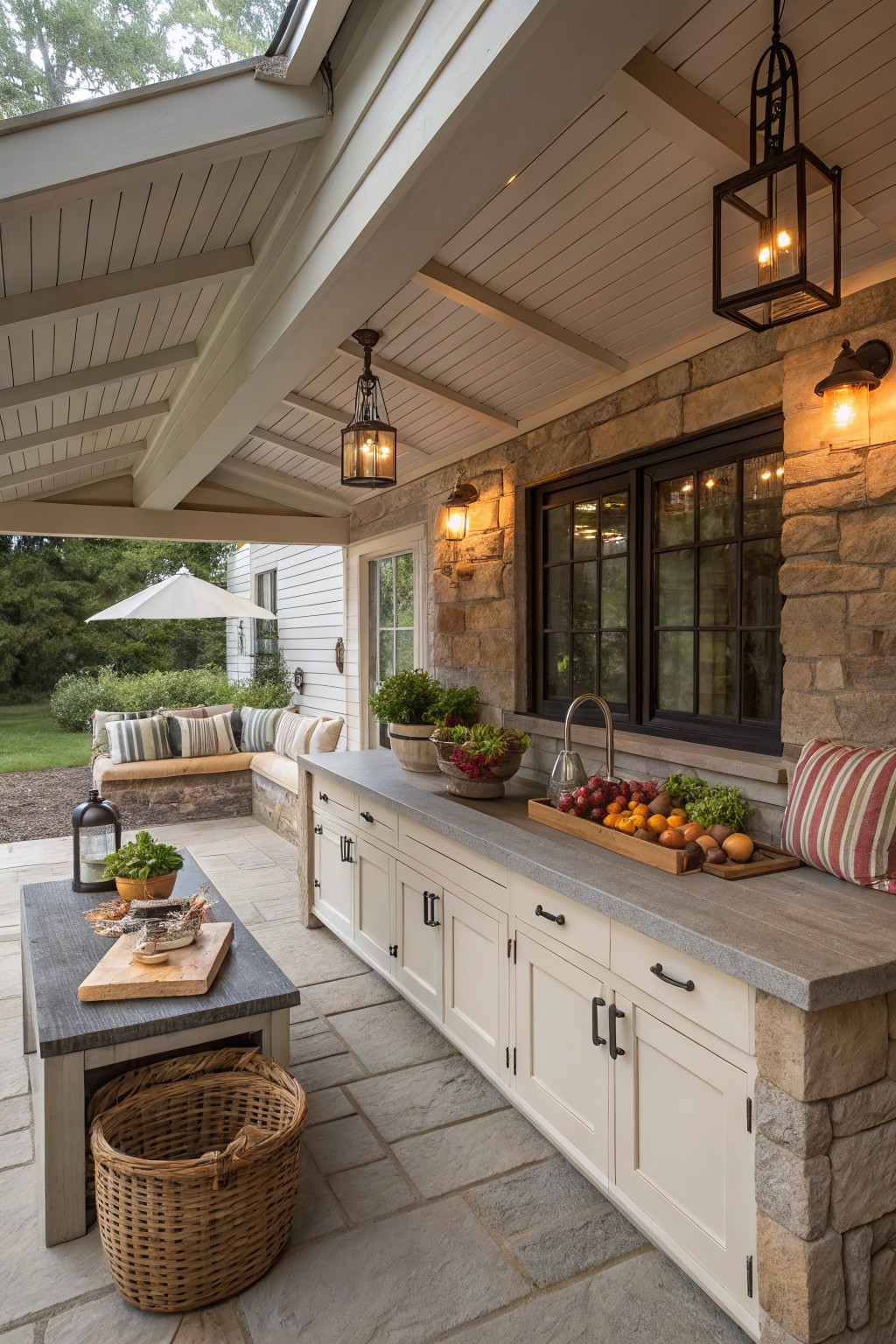 Covered outdoor porch with white shaker-style cabinets and gray concrete countertop forming a built-in kitchen, stone walls, pendant lanterns, fresh produce on the counter, potted plants, and nearby bench seating on a stone paver floor