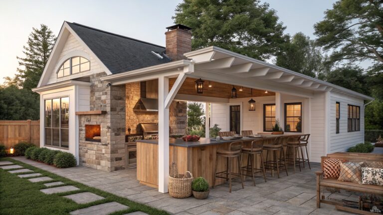 A rustic modern farmhouse features a stone and wood outdoor kitchen with a bar, surrounded by lush greenery and stone pathways, creating a cozy gathering space.