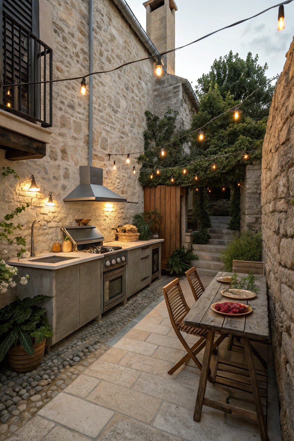 Narrow outdoor kitchen with gray concrete counters, built-in grill, burners, sink, and oven against rough stone walls in a courtyard, with string lights overhead, plants, and a wooden table with chairs nearby.