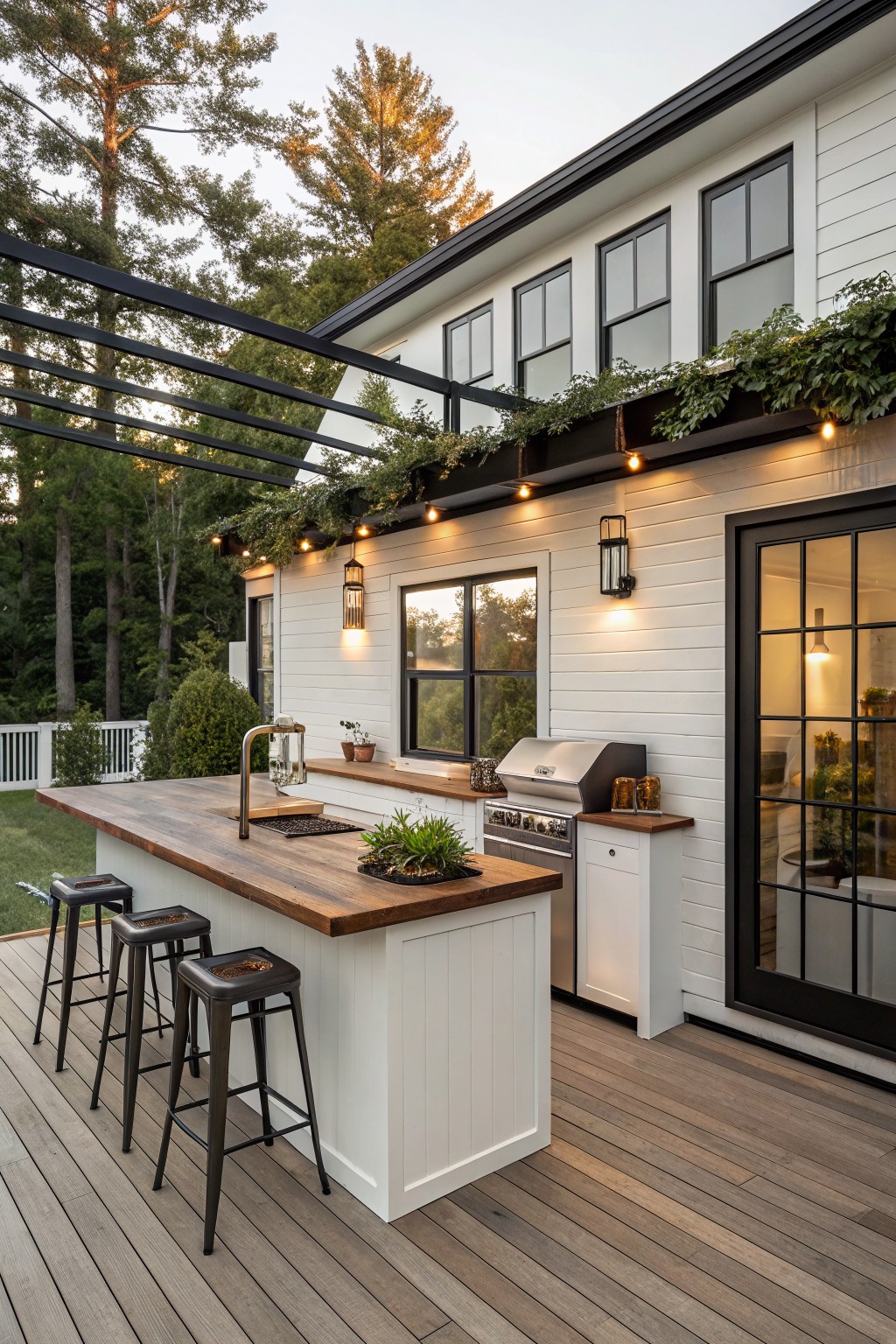White outdoor kitchen island with butcher block countertop, integrated sink, grill, potted plants, and four black metal bar stools on a gray composite deck next to a white house under a black metal pergola with string lights and climbing vines.