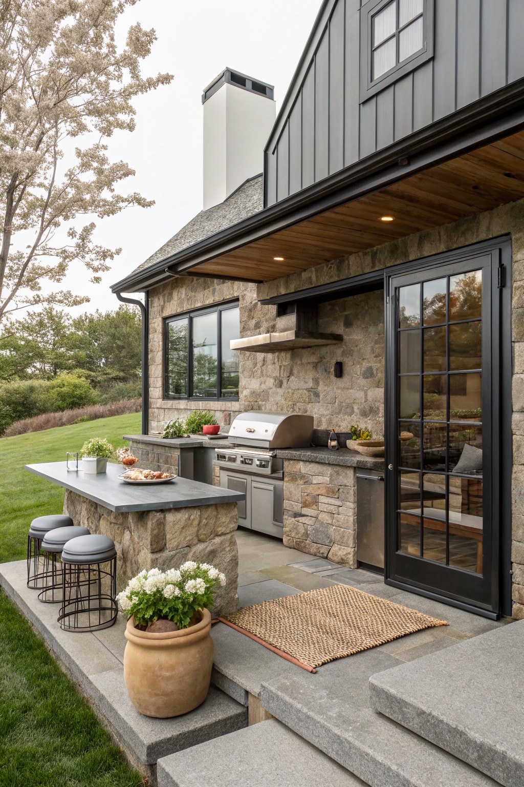 Rustic outdoor kitchen with stone counters, built-in grill, bar-height island with black metal stools, potted plants, and black-framed glass door leading to stone house exterior on a paved patio.