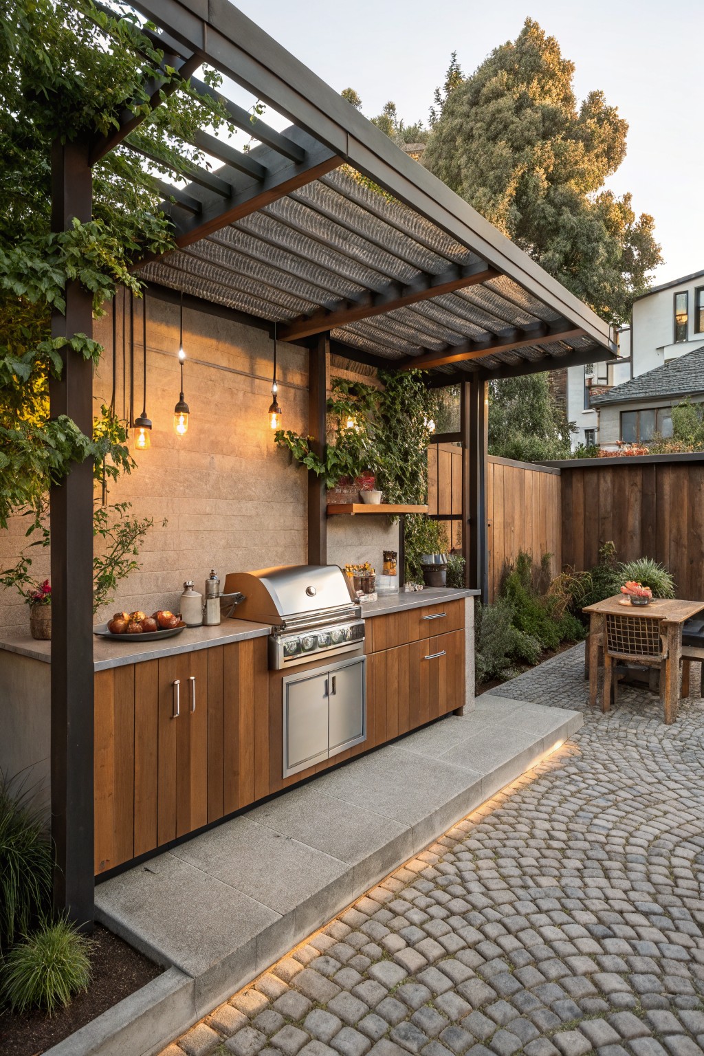 Outdoor kitchen featuring a stainless steel grill, wood cabinets, countertop with food platters, hanging bulb lights, climbing plants on a black metal pergola with slatted roof, beside a small wood table on a cobblestone patio.