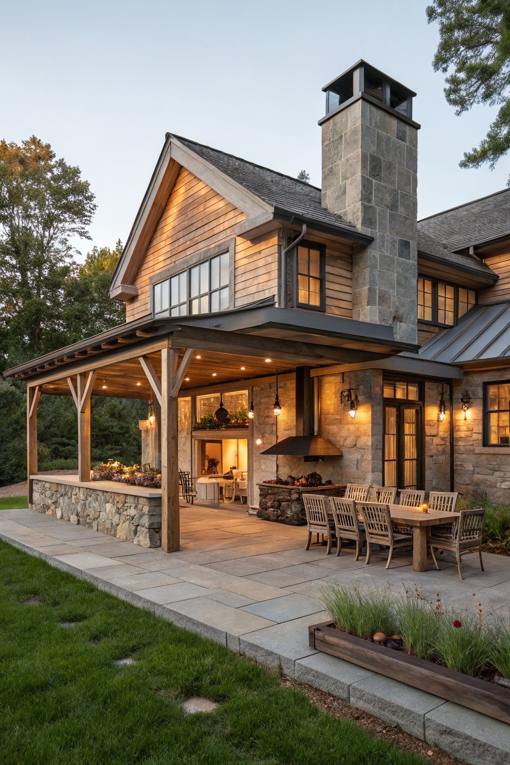 Side view of a rustic modern farmhouse with cedar siding, stone chimney, covered wooden porch, built-in stone outdoor kitchen, bluestone patio, teak dining table and chairs, and surrounding trees and plantings.