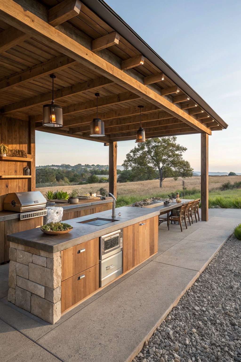 Rustic outdoor kitchen under a wooden pergola with exposed timber beams, concrete countertop island, built-in grill and sink, wooden cabinets, bar stools, and open views to fields and trees.