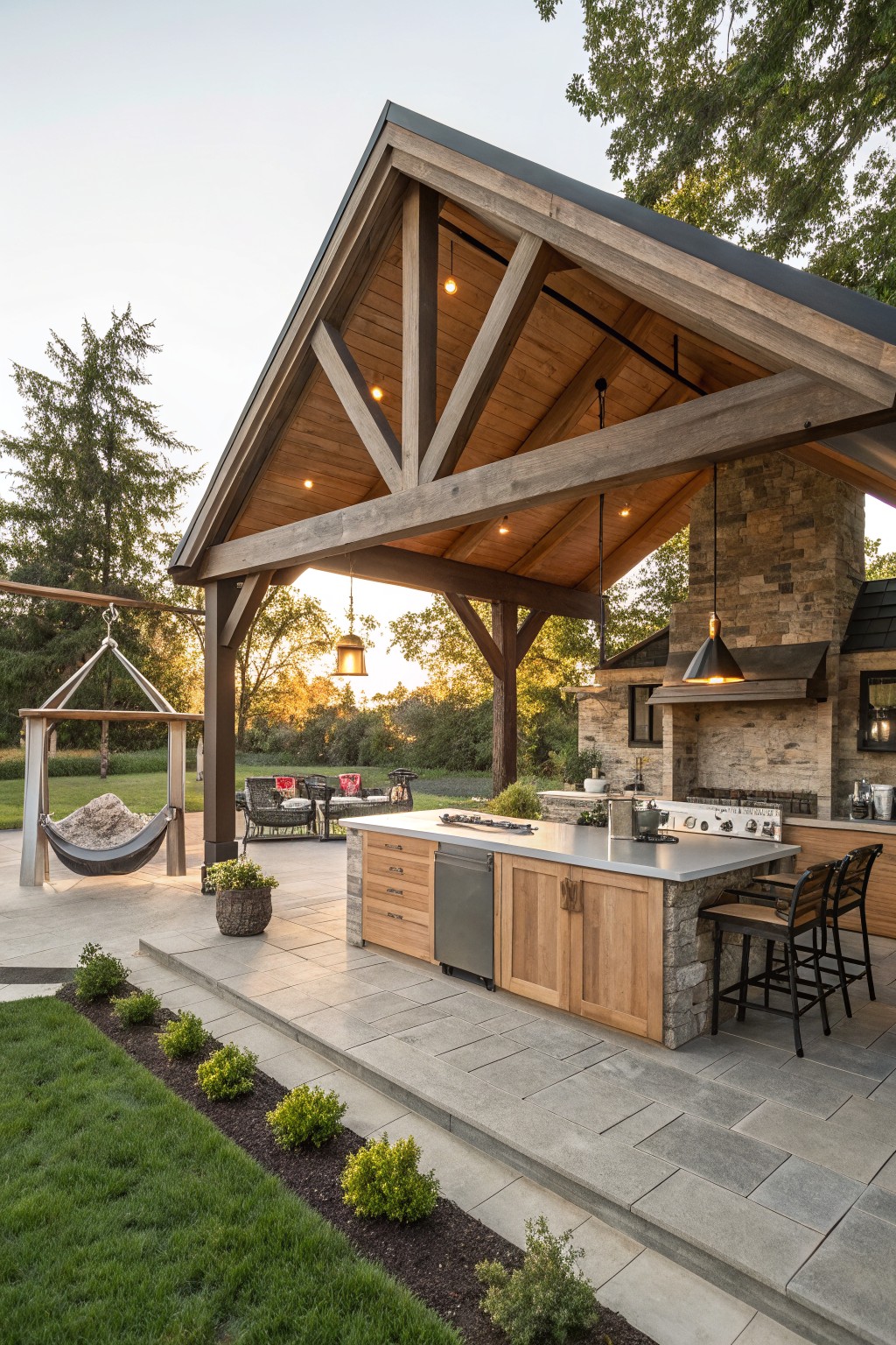 Modern wooden patio with stone kitchen, bar stools, and hanging chair.