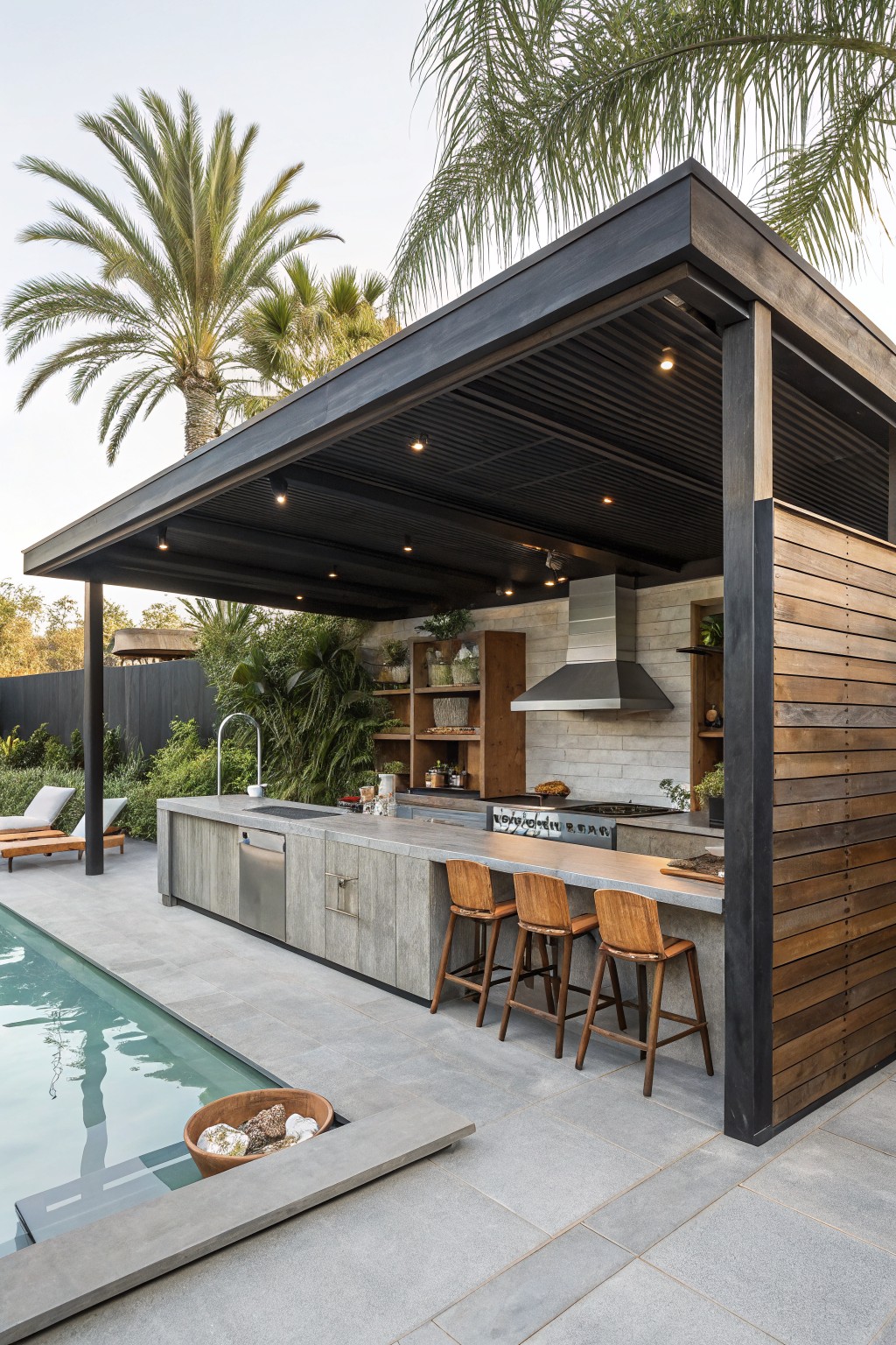 Outdoor kitchen under black slatted pergola with concrete counter, stainless sink and appliances, wood cabinets and stools, adjacent to swimming pool with potted plants and palm trees.