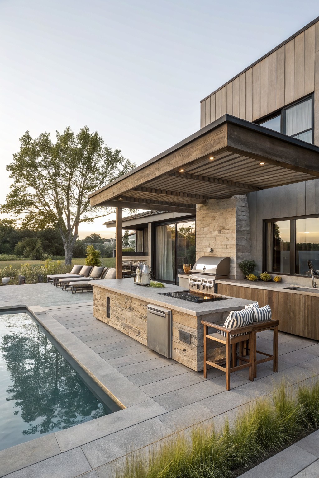 Rear exterior of a modern wood-clad house with a covered outdoor kitchen featuring stone countertop, built-in grill, sink, dishwasher, wooden cabinets, and bar stools positioned next to a rectangular pool on a gray paver patio, with lounge chairs, trees, and ornamental grasses nearby.