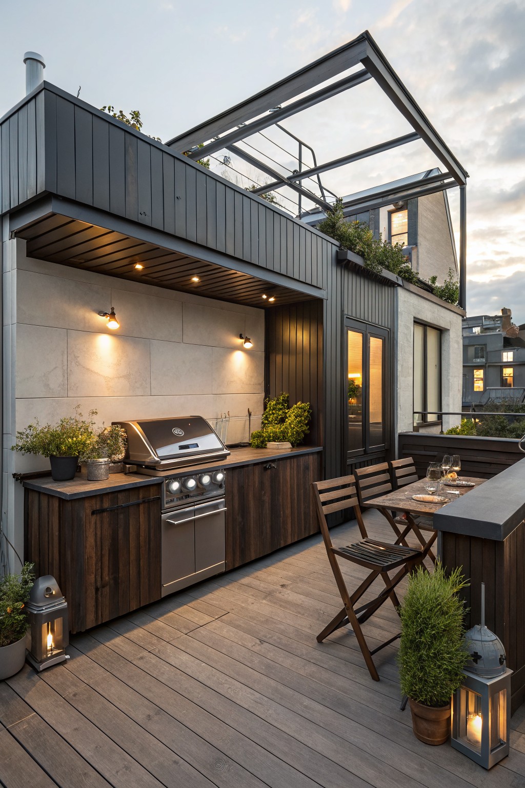Rooftop terrace with built-in wooden outdoor kitchen cabinets, stainless steel barbecue grill, potted plants, folding wooden chairs, small dining table with wine glasses and plates, lanterns, and wall lights under a metal pergola against a house exterior at dusk.
