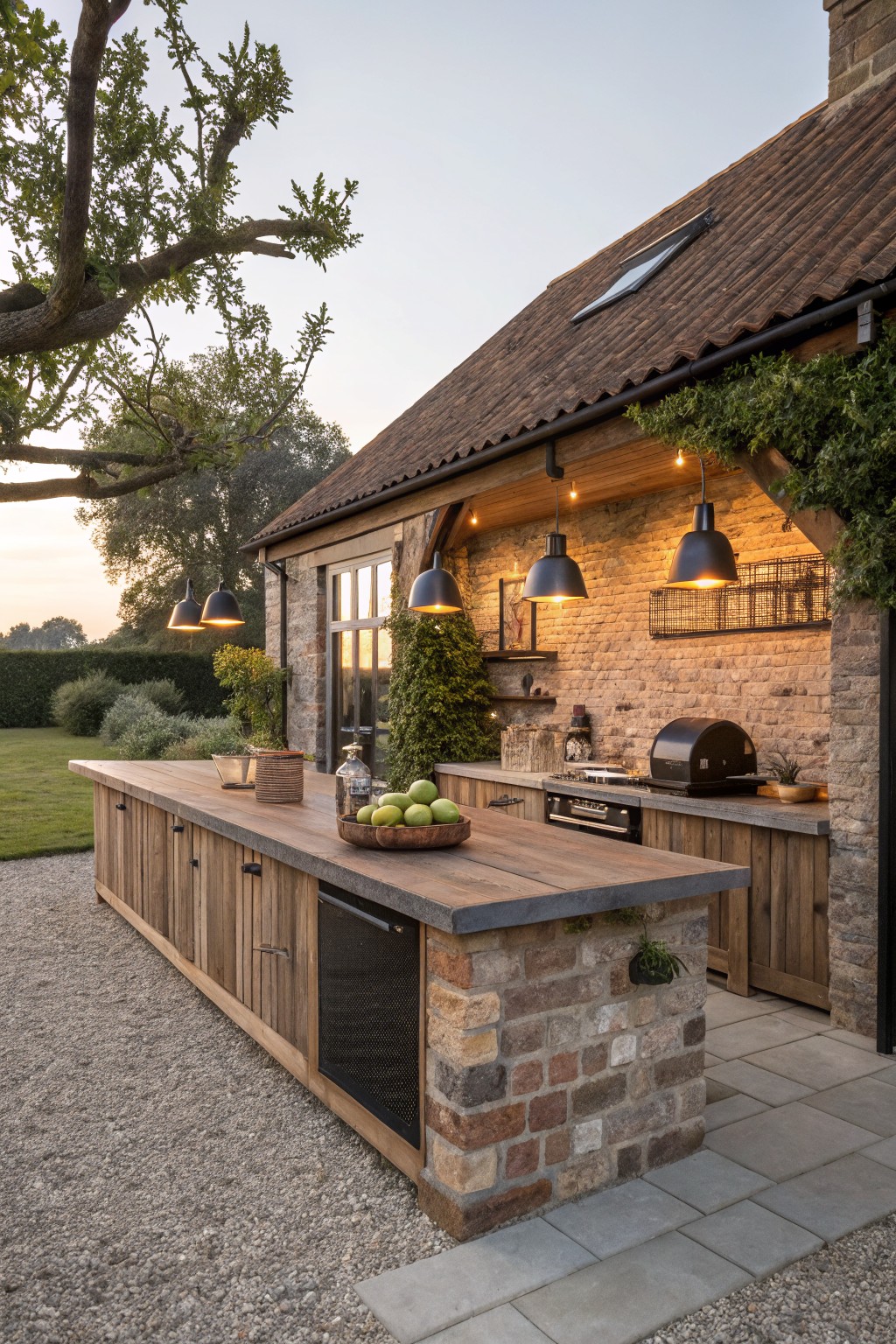 Rustic outdoor kitchen with wooden island, stone walls, and hanging pendant lights.