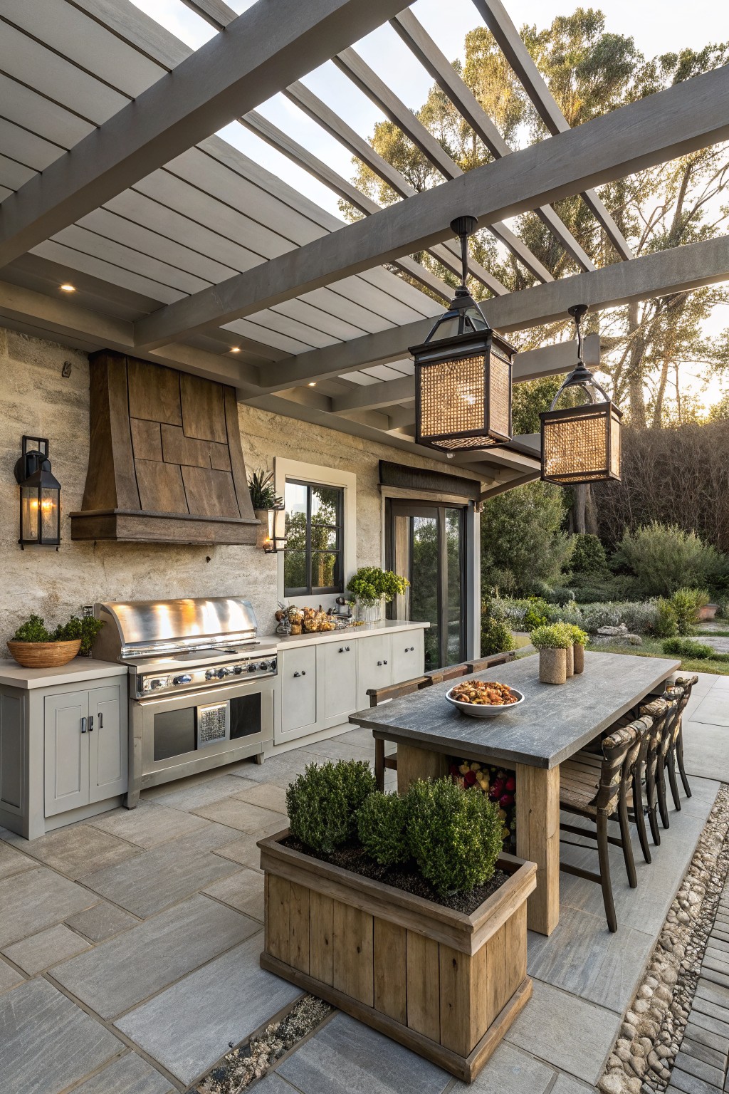 Outdoor kitchen with stainless steel grill and oven under a slatted wooden pergola, adjacent dining table with chairs, wood planters, and stone patio flooring.