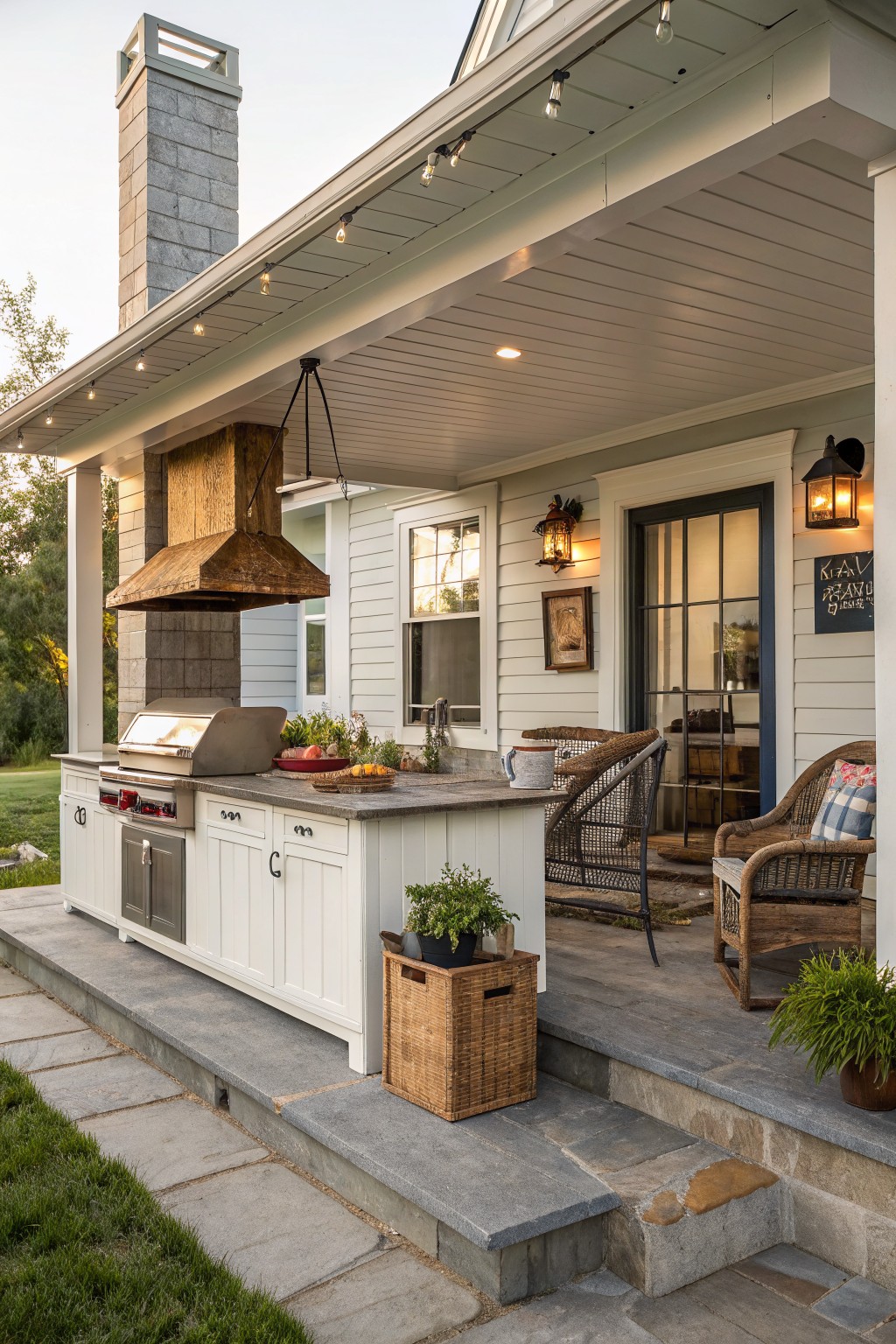 Covered porch with built-in outdoor kitchen featuring large hammered metal range hood over stainless steel grill, white cabinets, stone countertop, potted plants, wicker chairs, and steps leading to grass lawn.