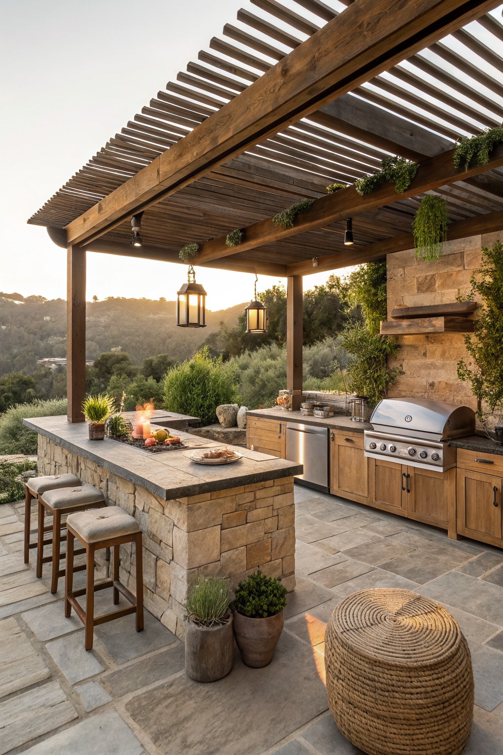 Outdoor kitchen featuring a stone island countertop with built-in gas burners, bar stools, stainless steel grill, wooden cabinets, under a slatted wooden pergola with potted plants and hillside view in background.