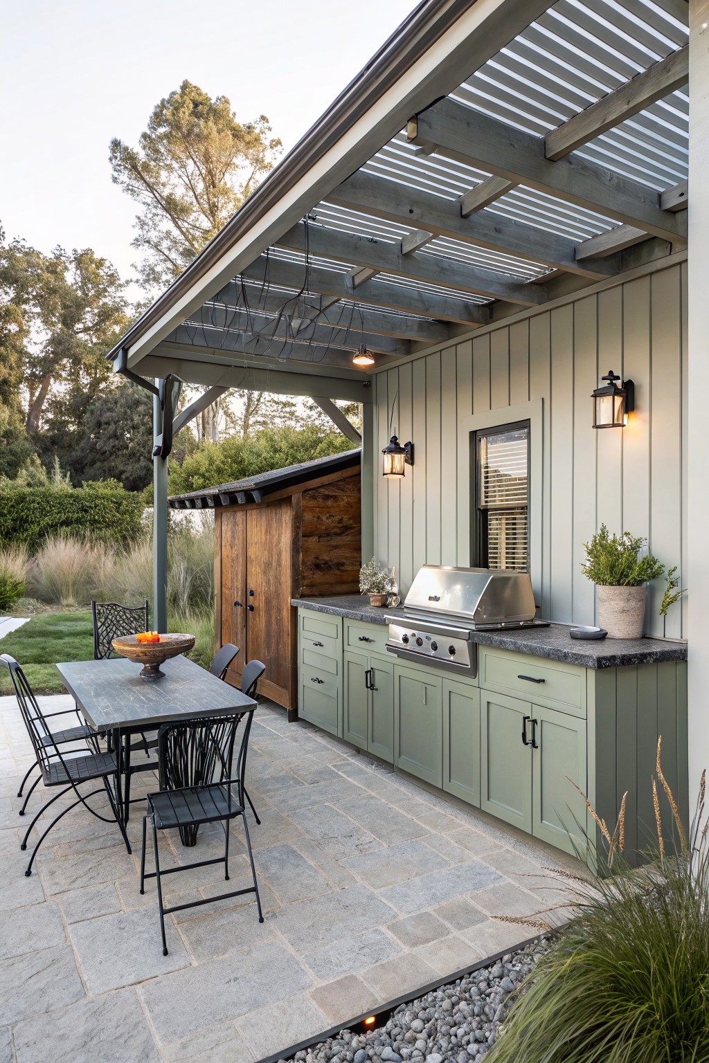 Outdoor kitchen featuring sage green lower cabinets with stainless steel grill on black stone countertop, adjacent metal dining table with black chairs, under slatted metal roof cover next to vertical board house wall.
