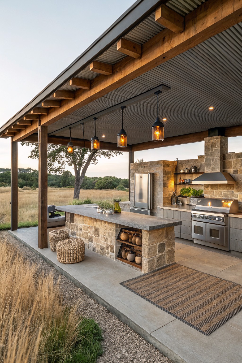 Covered outdoor kitchen with limestone block walls and island, stainless steel refrigerator, oven, and grill, pendant lights hanging from wood-beamed corrugated metal roof, woven stools nearby, and grassy field in background.