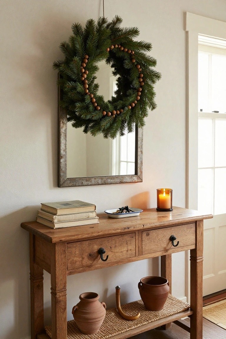 Rustic wooden console with mirror, wreath, books, and pottery.