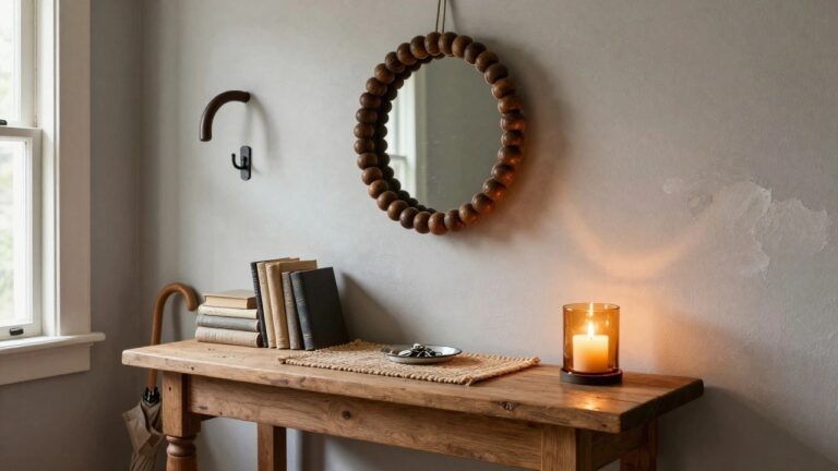 22 Rustic Wooden Bead Christmas Wreath Ideas That Feel Warm and Simple A rustic wooden table holds stacked books and a decorative plate, illuminated by a glowing candle. A round wooden bead mirror hangs on a soft gray wall.