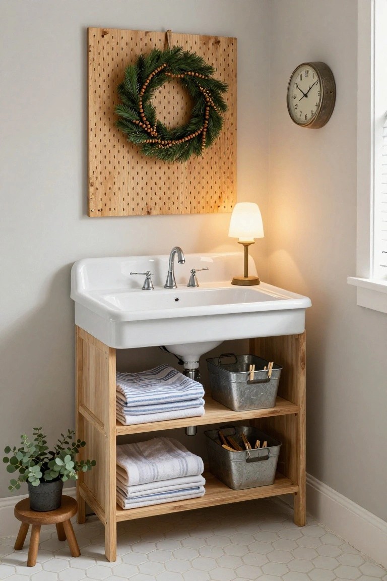 White pegboard wall with rustic pine and wooden bead Christmas wreath in a slanted ceiling entryway above wooden bench with woven basket cubbies holding boots and plants, green wellies on floor beside umbrella and walking stick.