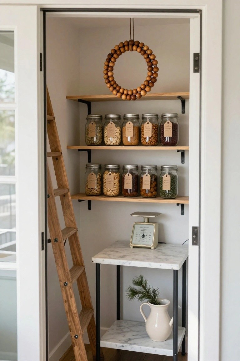 Bathroom corner with light wood vanity, white undermount sink, black matte faucet, stacked white towels, glass bottles, reed diffuser, and large round mirror framed by wooden beads on textured white wall.