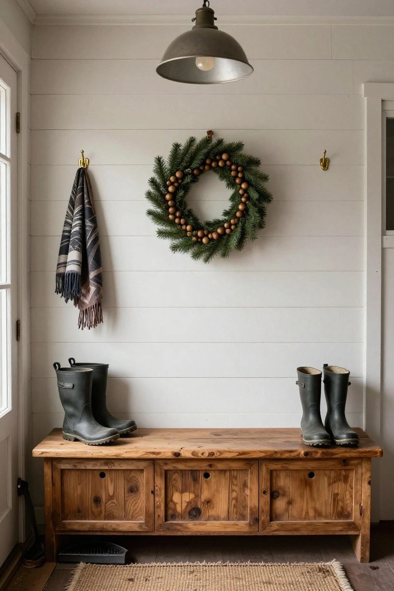 White wooden bead wreath hanging on the glass-paneled door of a white kitchen pantry cabinet, with shelves inside holding jars of lemons and pickles, a woven basket with bread, and hanging apron.