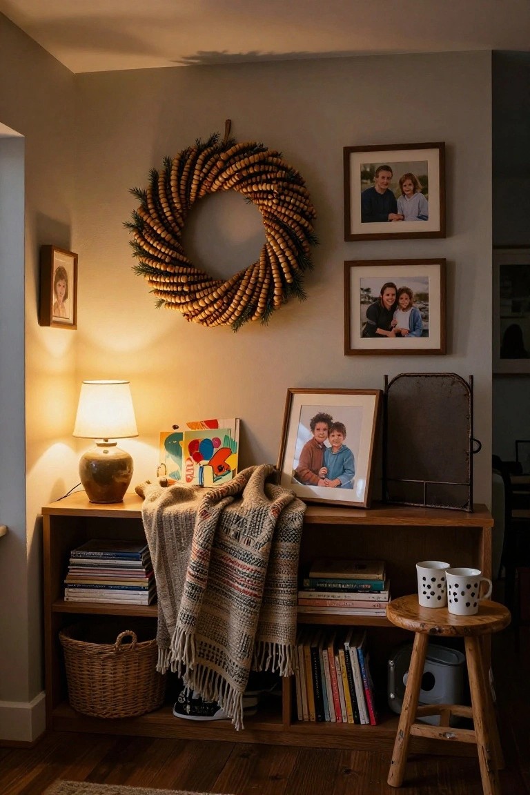 A Christmas wreath of pine needles, wooden beads, and cinnamon sticks hangs on a beige wall above a floating wooden shelf that holds a clear glass bottle inside a white enamelware mug, an empty glass tumbler, stacked round wooden plates, and a galvanized metal bucket with a rosemary sprig.