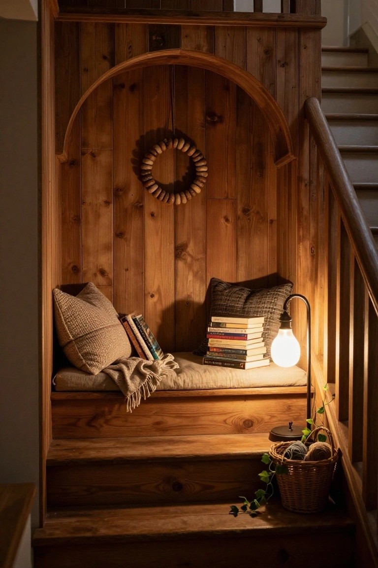 A large wreath of wheat stalks and wooden beads in brown and beige tones hangs on a white paneled wall above a wooden console table with a bowl of pinecones, a small white box, a framed print, and a beige lamp, next to stairs and an open door.