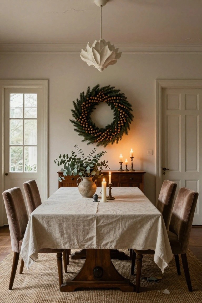 Attic room with slanted white ceiling and large window with sheer curtains, rustic wooden bead Christmas wreath on wall, potted plant and ladder shelf with pottery, lamp, and low wooden daybed with pillows books and knit blanket on light wood floor.