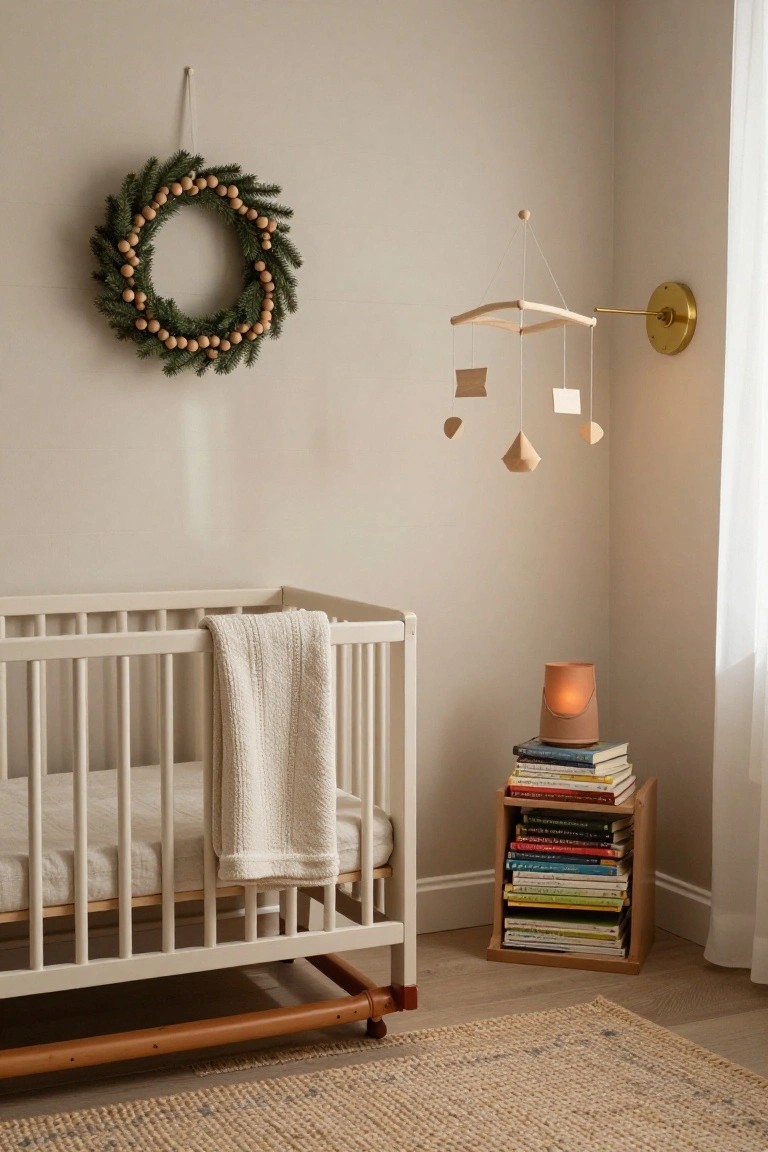 Wooden desk with oak hutch holding plants, bulletin board, hourglass, and books, rustic wooden bead wreath hanging above, gold lamp lit on desk with open laptop, rattan chair, neutral room.