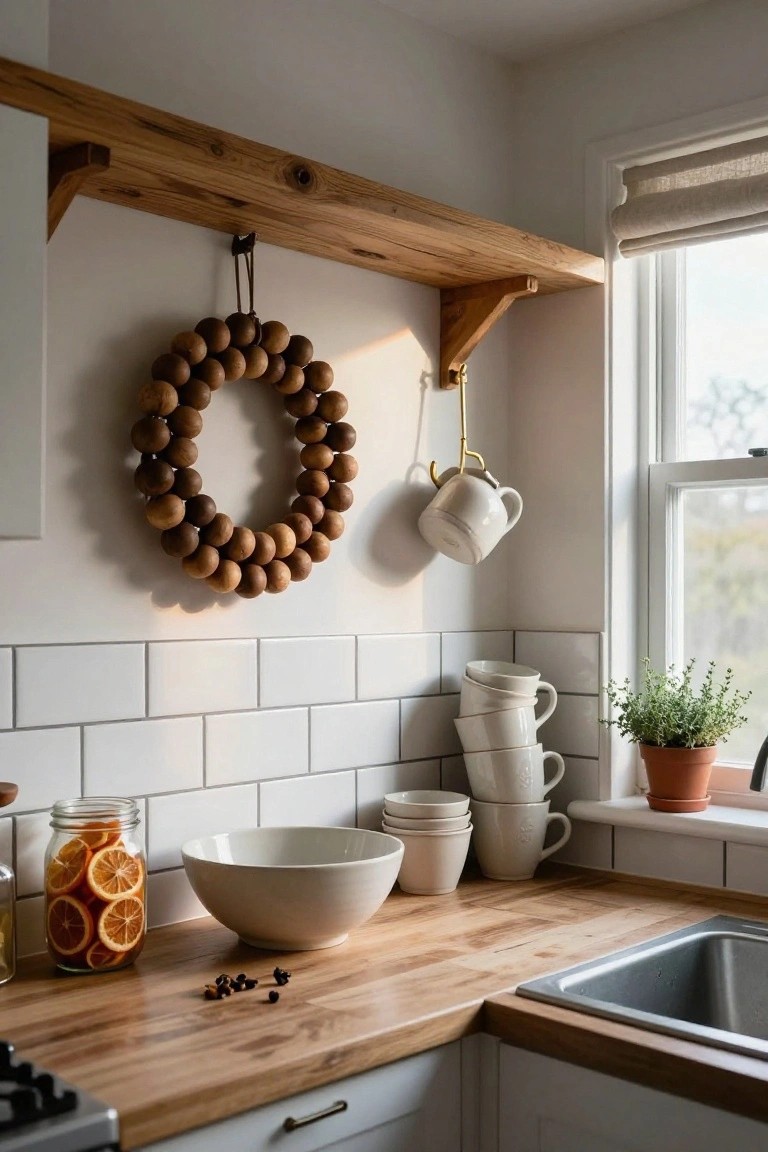 Sage green interior door adorned with a Christmas wreath of pine branches, wooden beads, brass bell, and leather strap, next to a beige linen bench with ruffled pillows, metal buckets, umbrellas, and a seagrass rug on a wooden floor.