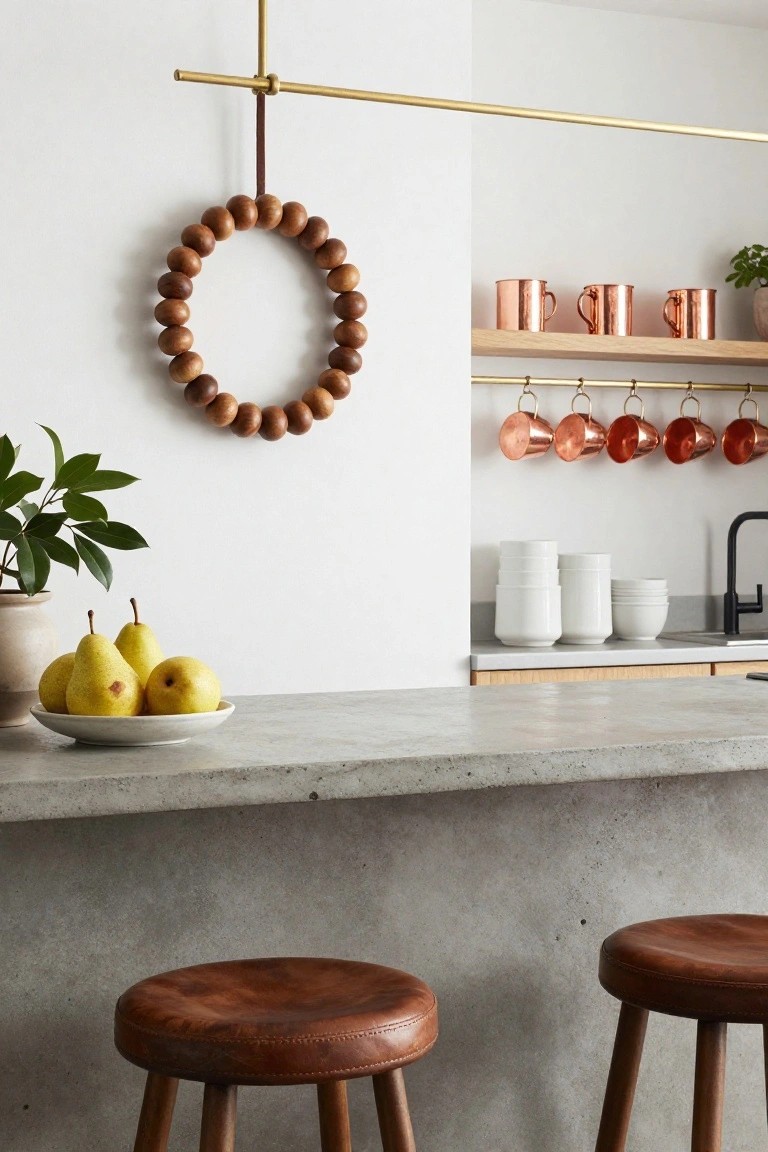 Dining room with round wooden table set with white plates, orange bowl centerpiece, wooden chairs, holiday wreath with oranges on window, white pendant light overhead, and open shelves.