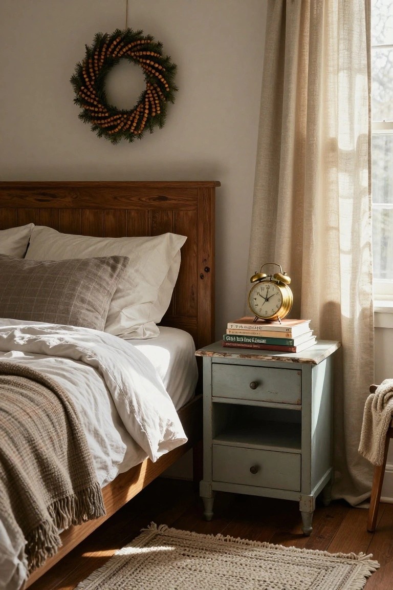 Wooden staircase with white railing wrapped in green pine garland and gold spherical ornaments, folded white blankets on steps, black boots, wicker basket, and umbrella stand at the bottom landing.