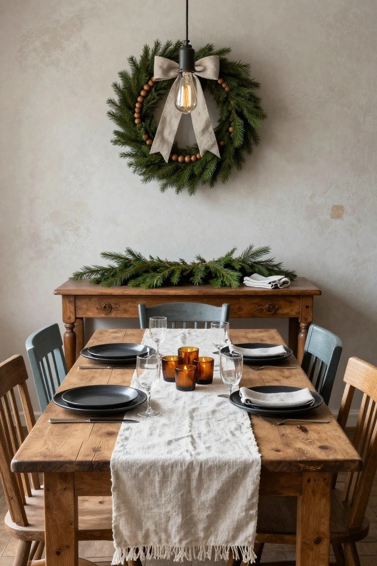 Wooden dining table with white plates, silverware, and stacked dishes along the edges, centered by a long garland of green fir branches, wooden beads, dried orange slices, and cinnamon sticks, with candles, a milk glass vase, and a matching wreath-adorned mirror on the wall.